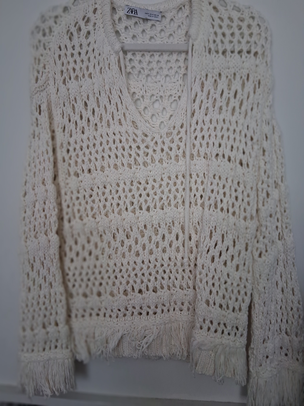 Zara Ivory Open-Knit V-Neck Sweater with Fringe